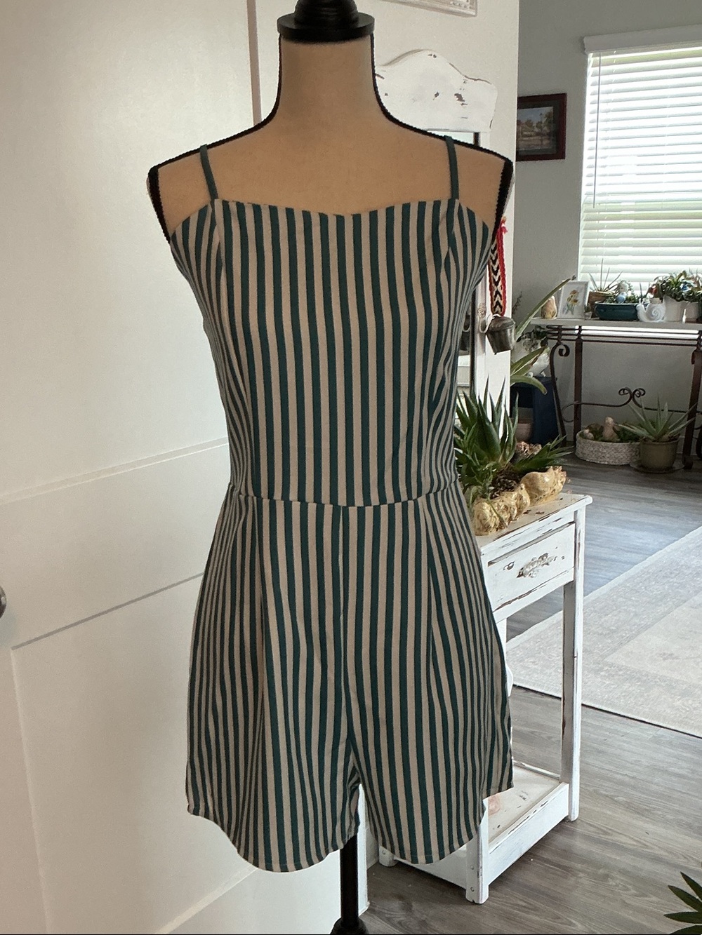 Striped Green & White Sleeveless Romper / Dress